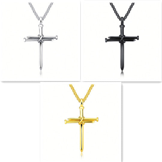 Steel Gold Black Iron Nail Cross Pendant Necklace for Men – Stainless Steel 3mm Box Chain Fashion Jewelry Gift