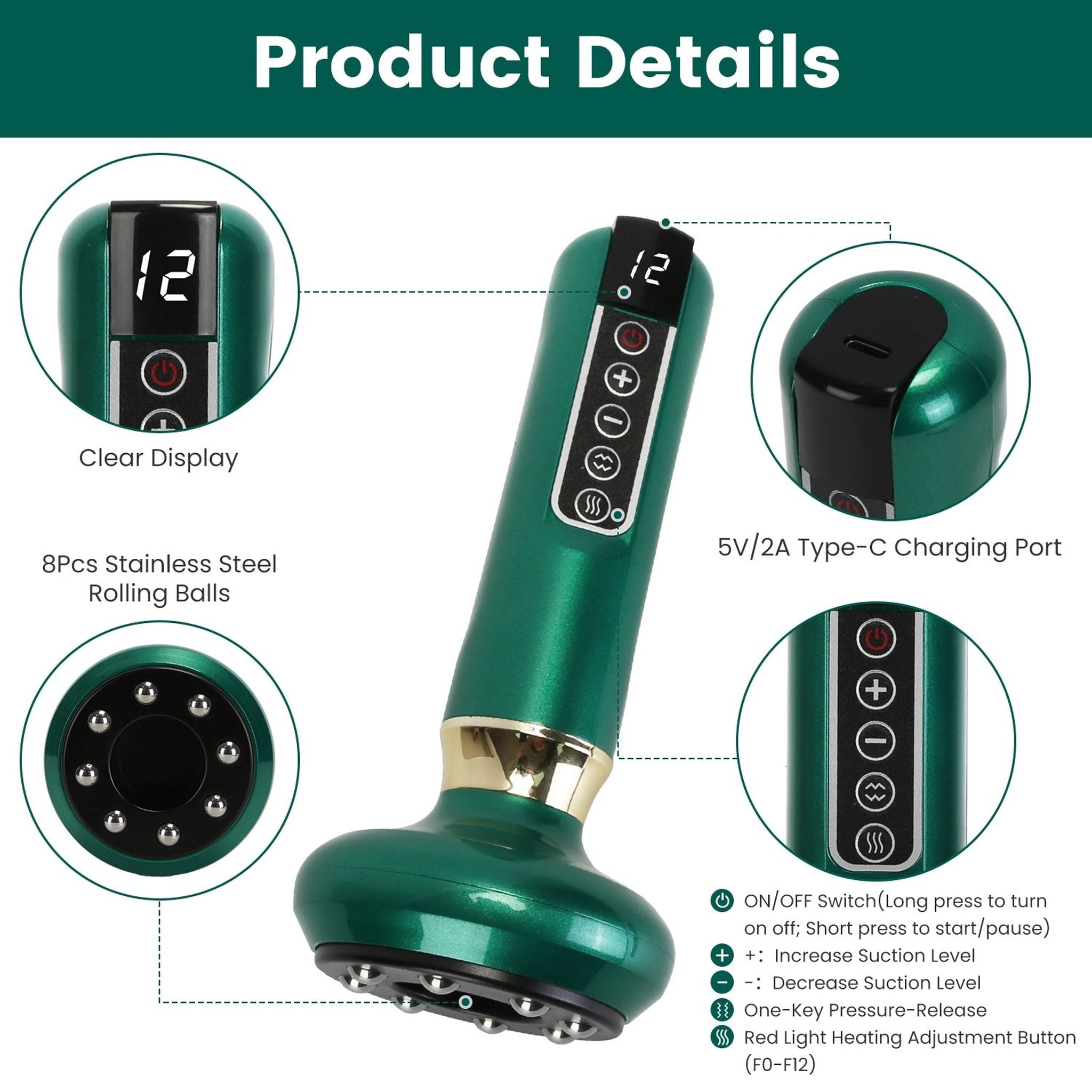 Anti-Cellulite Massager Vacuum Cupping Device – Handheld Suction Cup Body Shaper with 12 Suction Modes, Heating, Auto-Off | Slimming Tool for Abdomen, Thighs, Buttocks & Neck