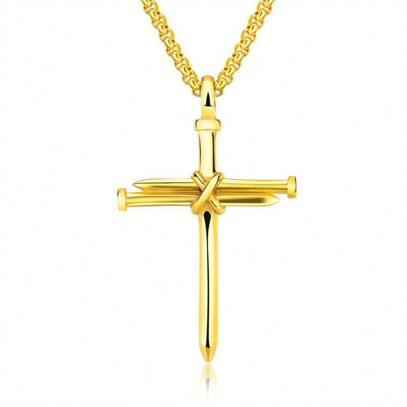 Steel Gold Black Iron Nail Cross Pendant Necklace for Men – Stainless Steel 3mm Box Chain Fashion Jewelry Gift