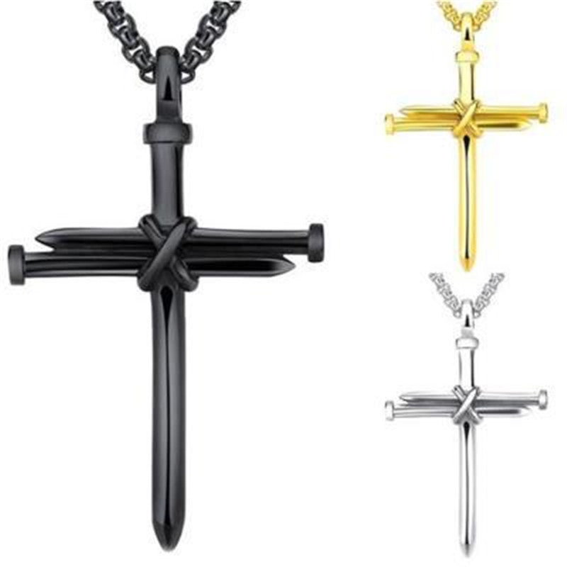Steel Gold Black Iron Nail Cross Pendant Necklace for Men – Stainless Steel 3mm Box Chain Fashion Jewelry Gift