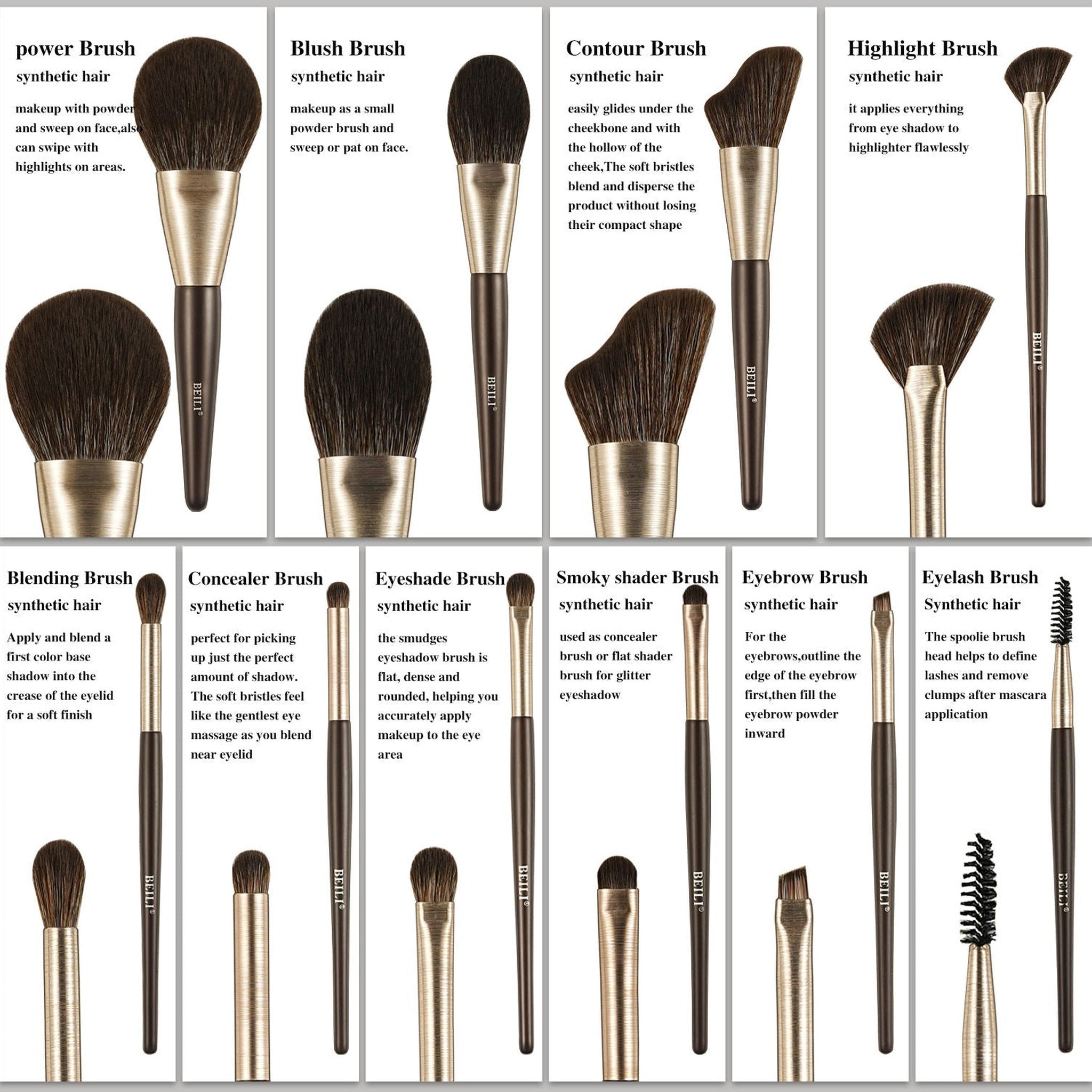 Baili 10-Piece Rose Gold Makeup Brush Set – Vegan Synthetic Hair Luxury Brushes + Storage Tubet