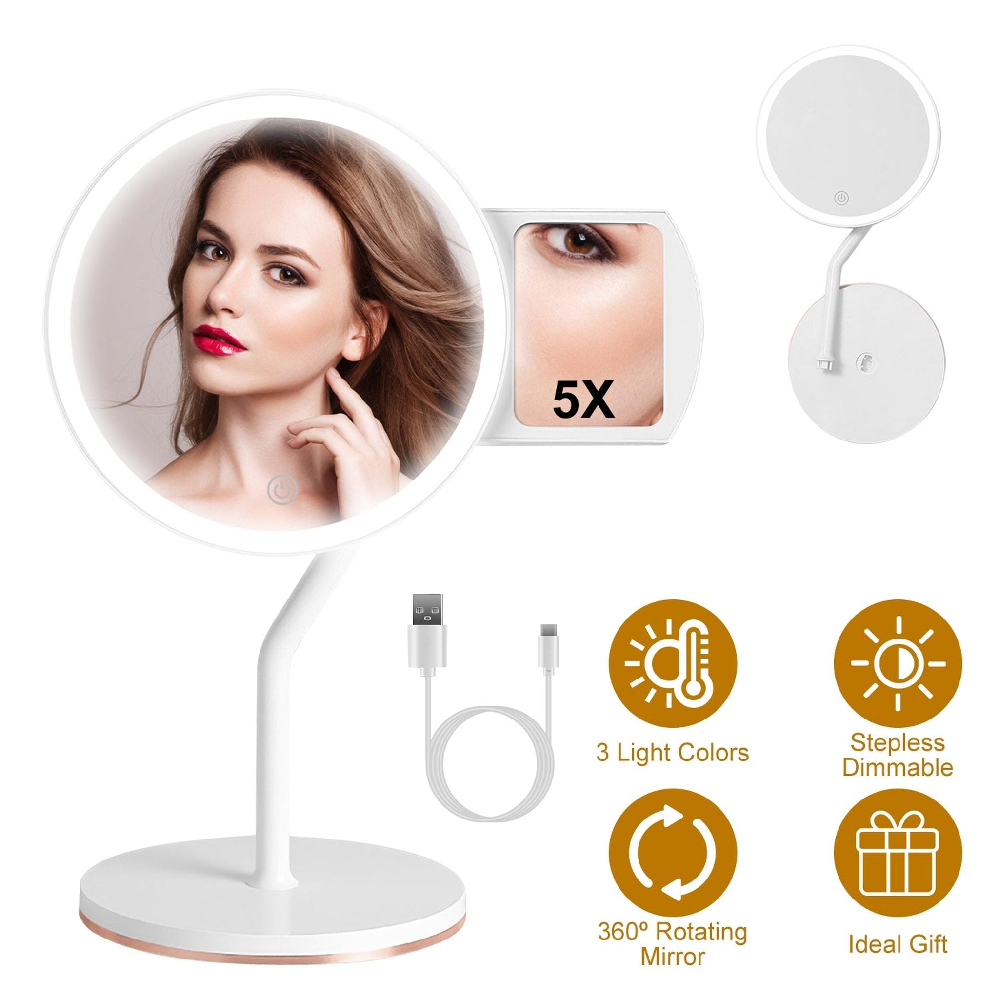 7.48" 5X Magnifying Lighted Makeup Mirror – Dimmable Vanity Mirror with Lights, 3 Light Color Modes, Portable Magnification Mirror for Travel & Bathroom Beauty