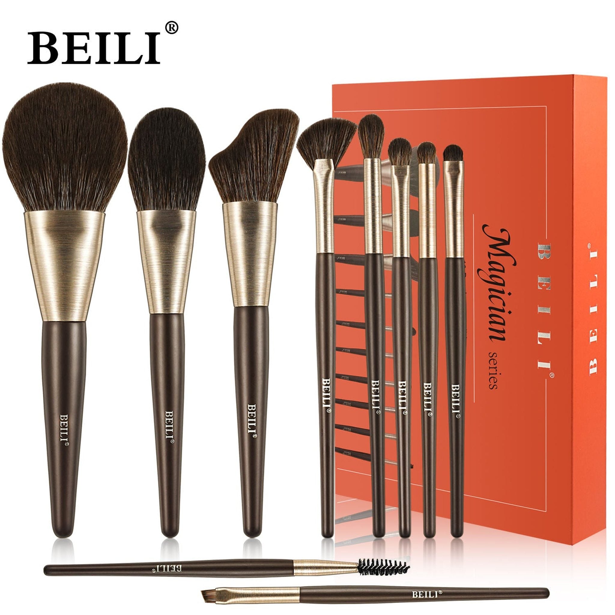Baili 10-Piece Rose Gold Makeup Brush Set – Vegan Synthetic Hair Luxury Brushes + Storage Tubet